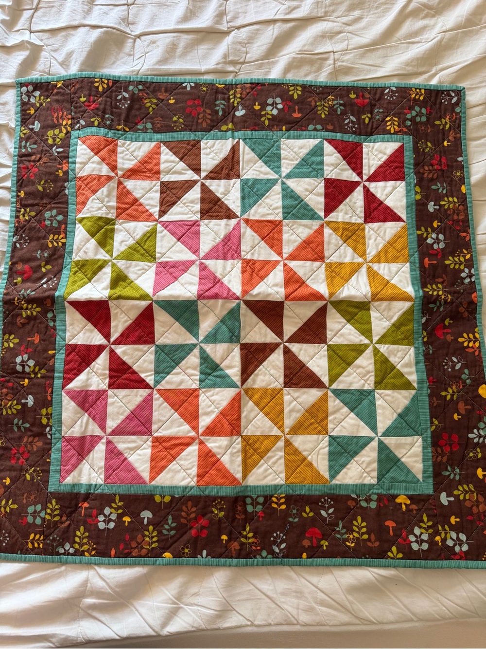 Handmade Pinwheel Patchwork Quilt / Wall Hanging Autumn Woodland Mushroom leaf